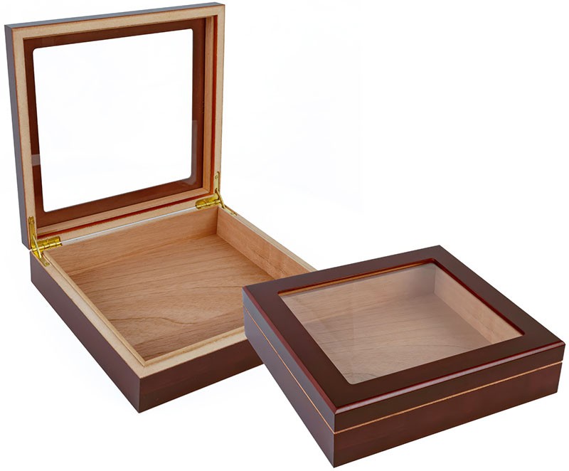 Two portable humidors in cherry finish and glass top one is open and the other one is closed