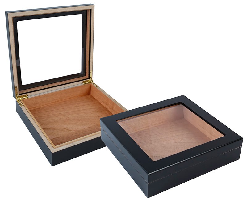 Two portable humidors in black finish and glass top one is open and the other one is closed