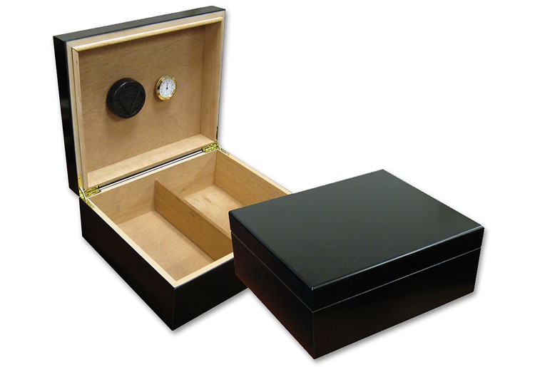 Two small-sized humidors in black finish, one is open displaying the hygrometer and the adjustable divider, and the other one is closed 