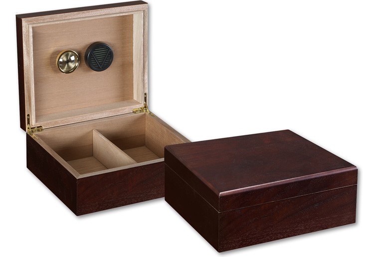 Two small humidors with dark walnut exterior, one is open showing the humidifier, hygrometer and adjustable divider, the other one is closed