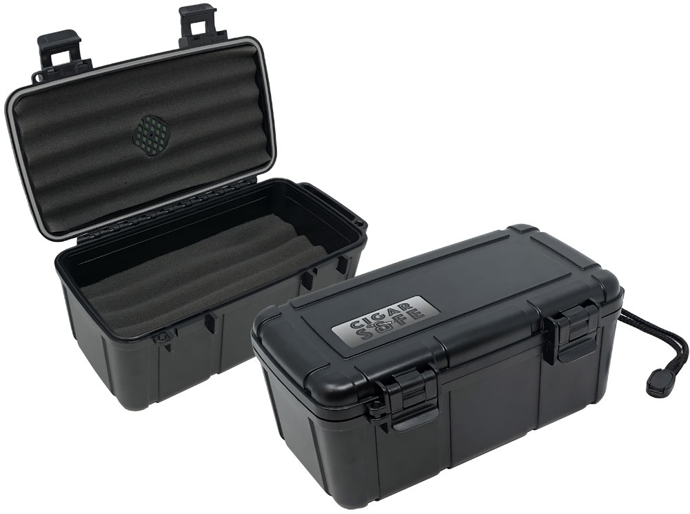 Two travel cigar humidors with three foam beds for five cigars each, hard ABS exterior, carrying handle and snap-tight locking clips