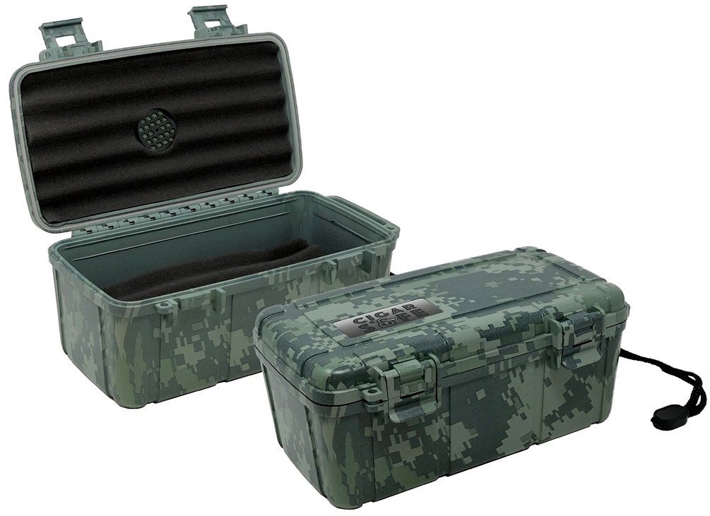 Two travel cigar humidors with three bed for five cigars, camouflage exterior, carrying handle and snap-tight locking clips