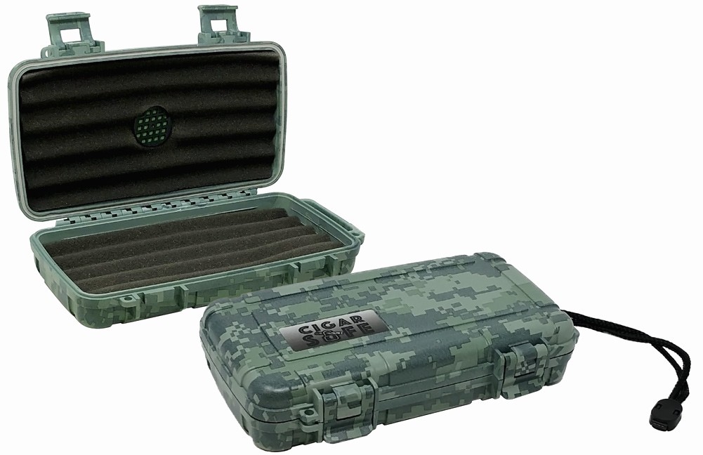 Two travel cigar humidors with bed for five cigars, camouflage exterior, carrying handle and snap-tight locking clips