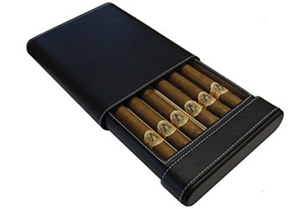 A portable black leather case cigar humidor for six to fifteen cigars open to display 6 cigars.
