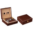 Two humidors with brown alligator pattern one is open showing a leather cigar humi-tube and a leather cigar case the other one is closed