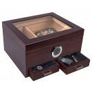 Glass top humidor in cherry finish with an external hygrometer and two drawers open showing accessories inside