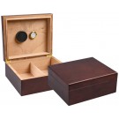 Two small humidors with dark walnut exterior, one is open showing the humidifier, hygrometer and adjustable divider, the other one is closed