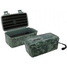 Two travel cigar humidors with three bed for five cigars, camouflage exterior, carrying handle and snap-tight locking clips