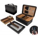 Two travel humidors in black leather one is open showing four cigars, a guillotine cigar cutter and a flip-top lighter the other is closed