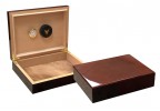 Two humidors with dark mahogany wood exterior, one is open showing the humidifier and hygrometer the other one is closed