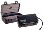 Two travel cigar humidors with two foam beds for five cigars each, hard ABS exterior, carrying handle and snap-tight locking clips