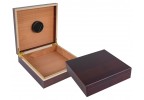 Two portable humidors in cherry finish one is closed the other one is open showing the humidifier