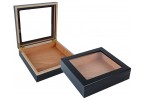 Two portable humidors in black finish and glass top one is open and the other one is closed