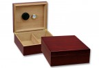 Two small-sized humidors in rich cherry finish, one is open displaying the hygrometer and the adjustable divider,  the other one is closed.