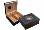 Two humidors in black finish one is open showing a humidifier and hygrometer the other one is closed with the US Navy emblem engraved on top