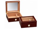 Two small and elegant glass humidors in cherry finish with see through glass on top and an external hygrometer, one humidor is closed and the other one is open
