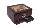 Glass top humidor in cherry finish with an external hygrometer and two drawers open showing accessories inside