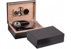 Two ebony wood humidors, one is open showing a humidifier, cigar scissors, ashtray, hygrometer and black leather cigar case.