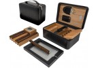 Two travel humidors in black leather one is open showing four cigars, a guillotine cigar cutter and a flip-top lighter the other is closed