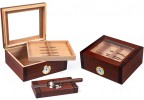 Two rosewood glass top humidors with adjustable divider and ashtray with a cigar on top 