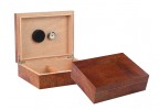 Two Makore Pommel wood humidors one is open showing the humidifier, hygrometer and adjustable divider, the other one is closed