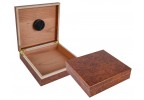 Two portable humidors in burl finish one is closed the other one is open showing the humidifier