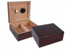 Two small-sized humidors in rich cherry finish, one is open displaying the hygrometer and the adjustable divider,  the other one is closed.
