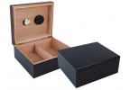 Two small-sized humidors in black finish, one is open displaying the hygrometer and the adjustable divider, and the other one is closed