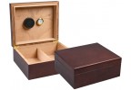 Two small humidors with dark walnut exterior, one is open showing the humidifier, hygrometer and adjustable divider, the other one is closed