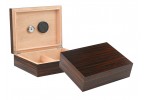 Two ebony wood humidors one is open showing the humidifier, hygrometer and adjustable divider, the other one is closed