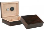 Two ebony wood humidors one is open showing the humidifier, hygrometer and adjustable divider, the other one is closed